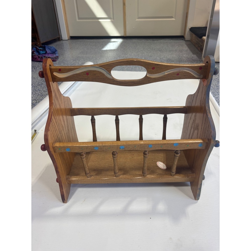 Vintage Hand Painted Mushroom Wood Magazine Rack Cottagecore Spindle Caddy 15in - Picture 3 of 9